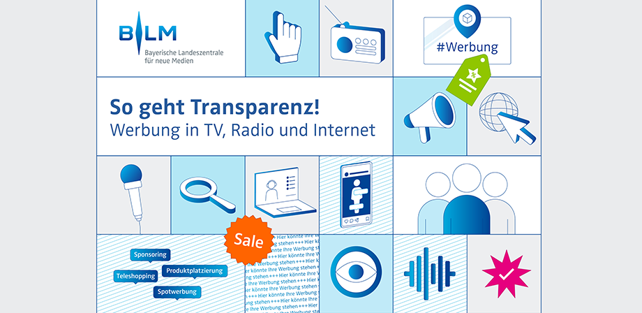 Titelbild der Werbebroschüre der Bayerische Landeszentrale für neue Medien zur Kennzheichnung von Werbung im Radio, TV und Internet